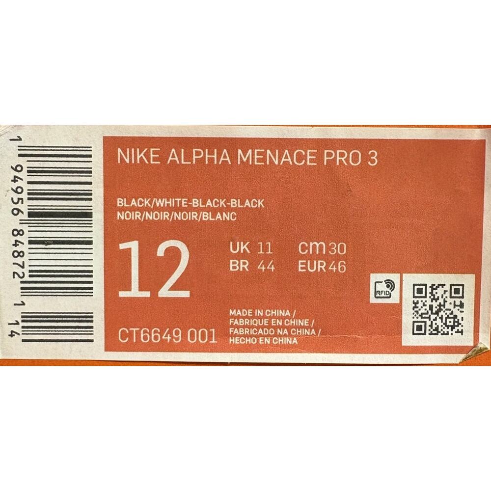 Nike Alpha Menace Pro 3 Football Cleats Size 12 Black White CT6649-001 NEW W/BOX - Picture 7 of 7